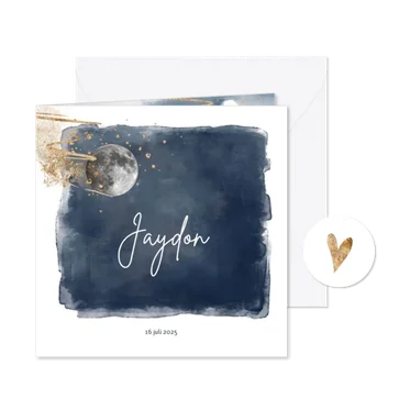 Stoer geboortekaartje jongen blauw watercolor en maan